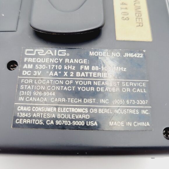 CRAIG JH6422 Personal Stereo Cassette Player Belt Clip SuperBass System VTG - Picture 5 of 16